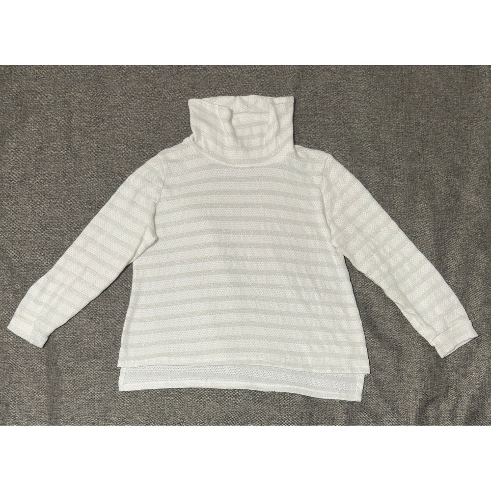 W5 Womens Large Turtleneck Sweater White Silver Metallic Striped Long Sleeve